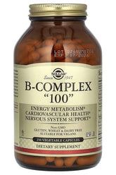 Solgar B-Complex 100 dietary supplement in a jar with 250 vegetable capsules, promoting energy metabolism and cardiovascular health.
